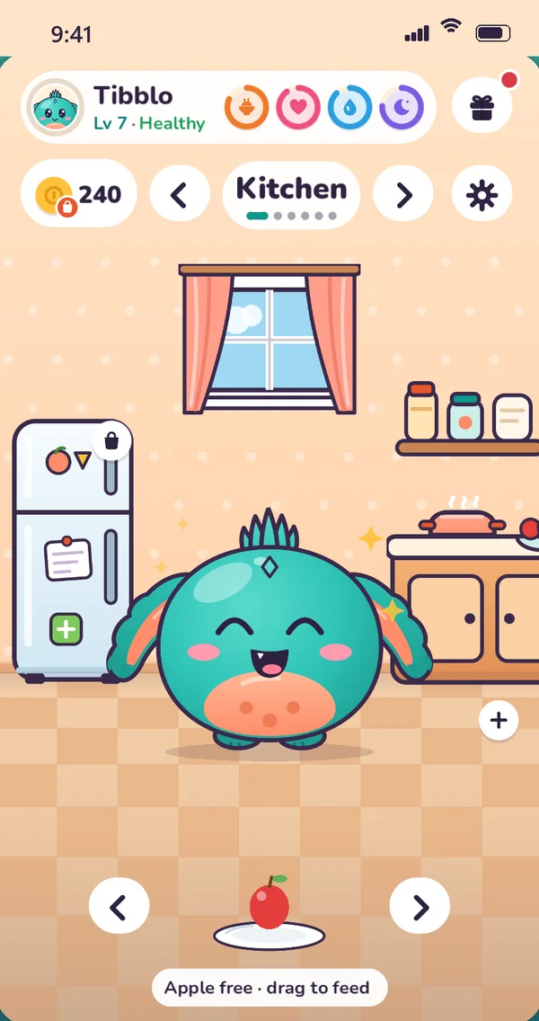Tibblo in the kitchen with an apple to drag onto it