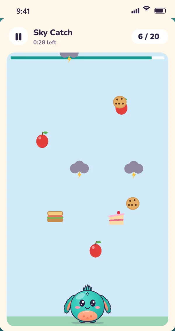 A mini-game with falling snacks to catch